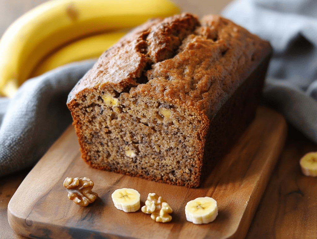 A freshly baked gluten-free banana bread loaf on a wooden cutting board, sliced to show its fluffy texture, surrounded by ripe bananas and walnuts.