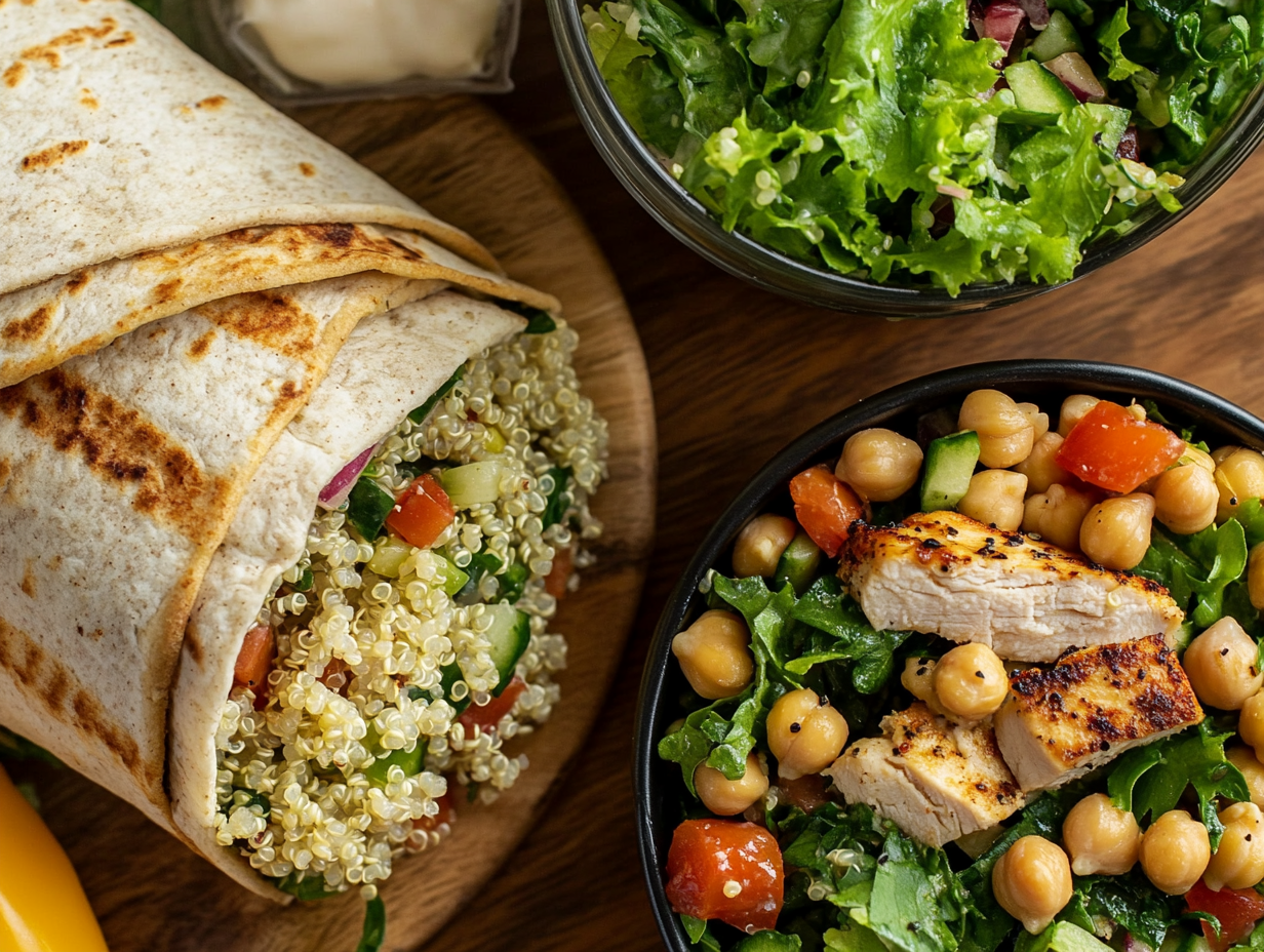 Healthy-Lunch-Spread-with-Quinoa-Salad_-Grilled-Chicken-Wrap_-and-Chickpea-Salad