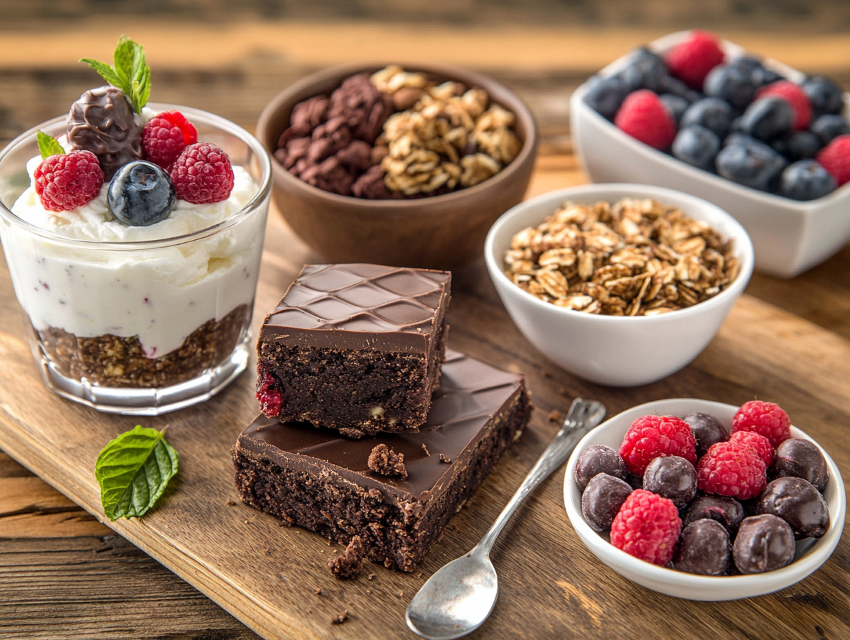 Assorted protein dessert recipes including brownies, parfait, and protein balls.