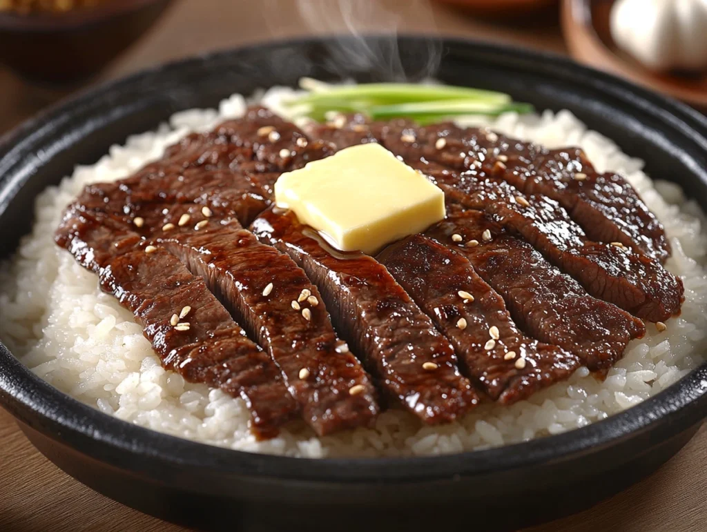 Sizzling Pepper Lunch with Beef, Butter, and Rice on a Hot Plate