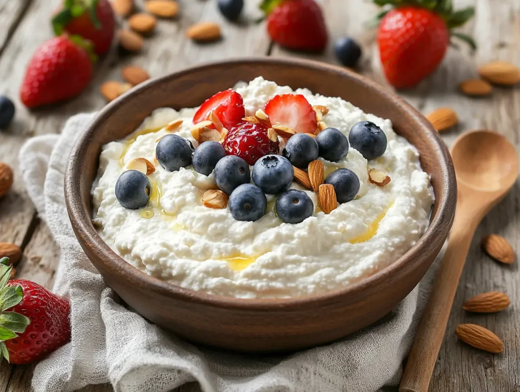 Bowl of whipped cottage cheese with berries and honey on a rustic table.